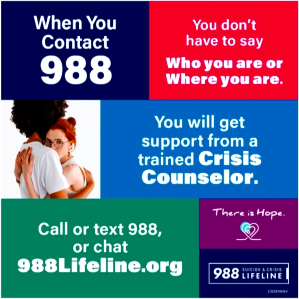 🚨 988 🚨Crisis Call or text Mental Health Hot Line! YOU ARE NOT ALONE!